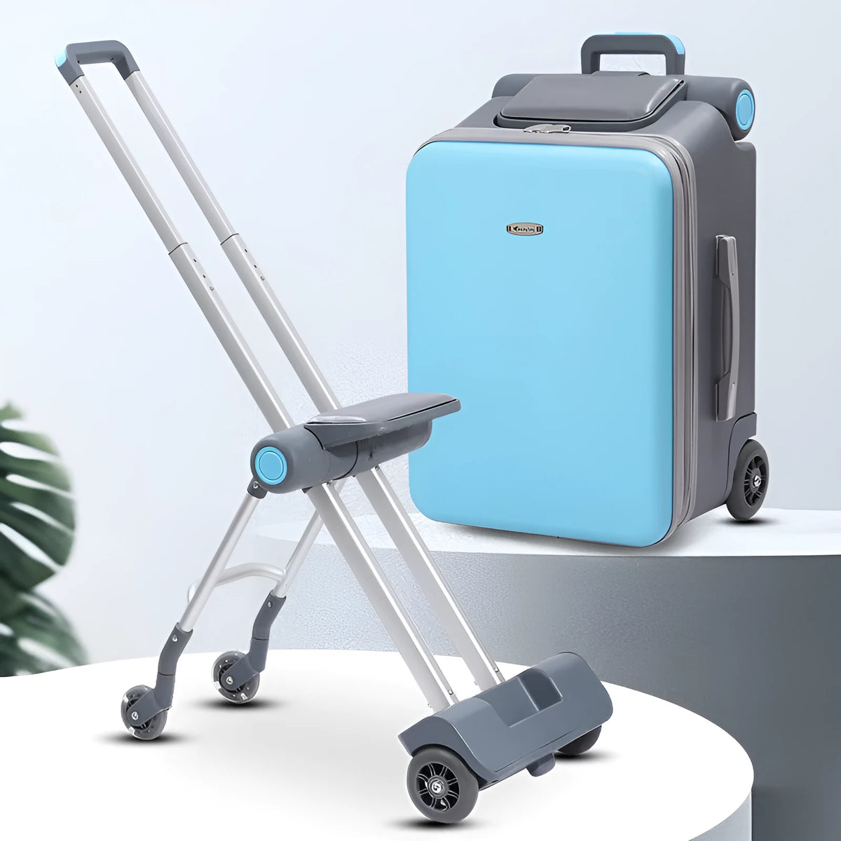 20-inch children's ride-on suitcase in blue with guardrail, cushion, brake, universal wheels, and PC shell.
