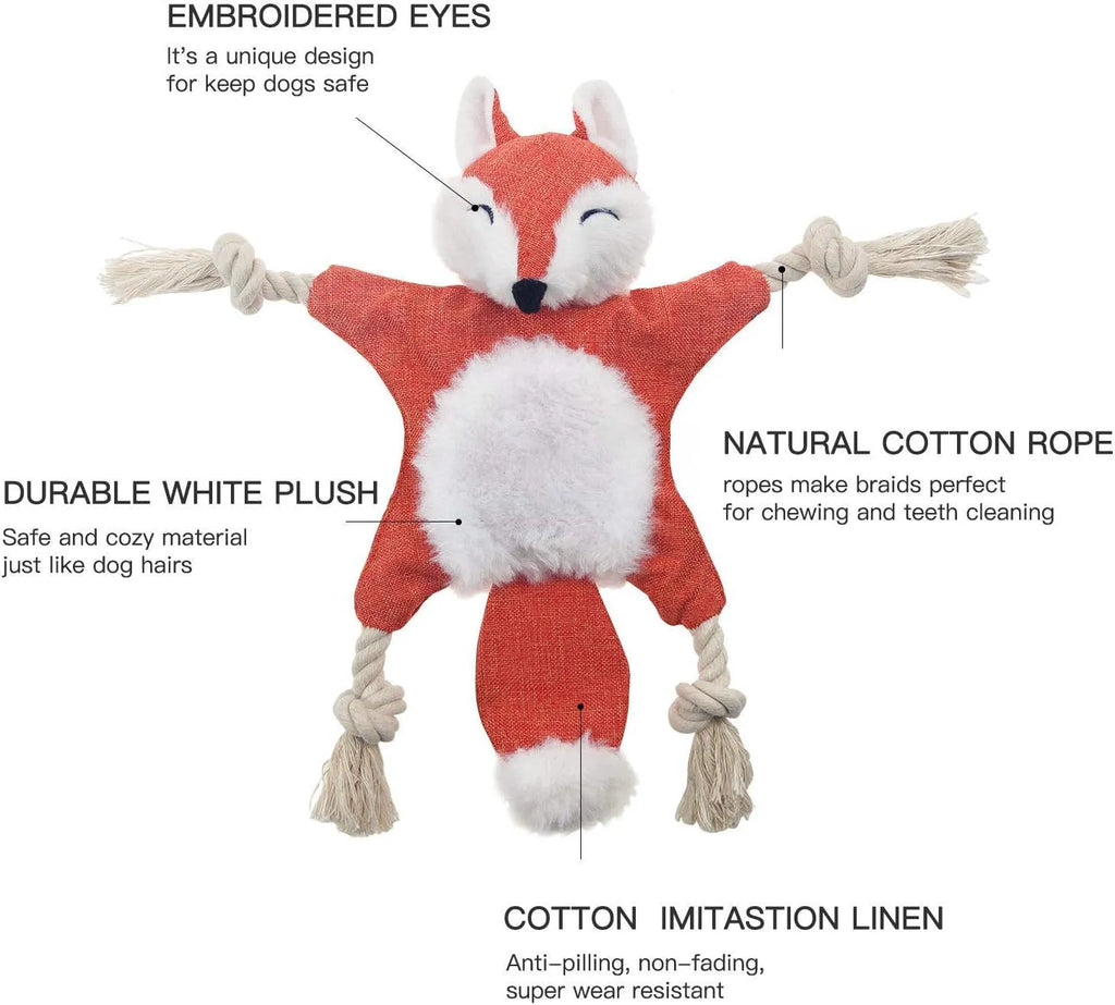 Brown plush fox dog toy with cotton rope limbs, embroidered eyes, and a squeaker in the head.