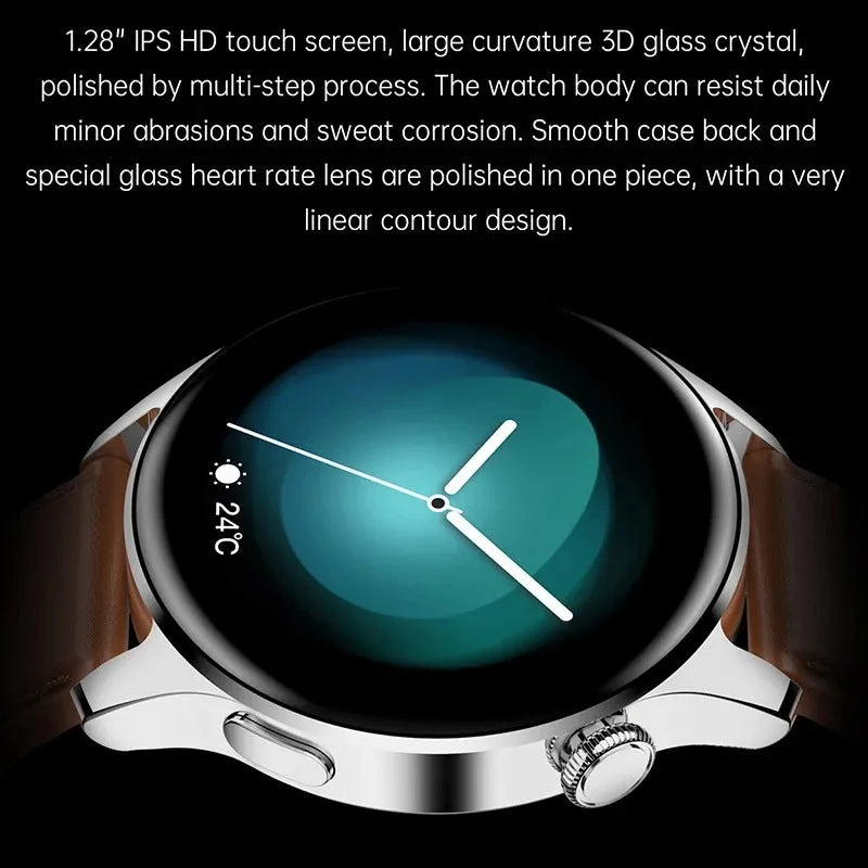 Smart watch with round colour display on a black silicone strap, showing heart rate and call icons.