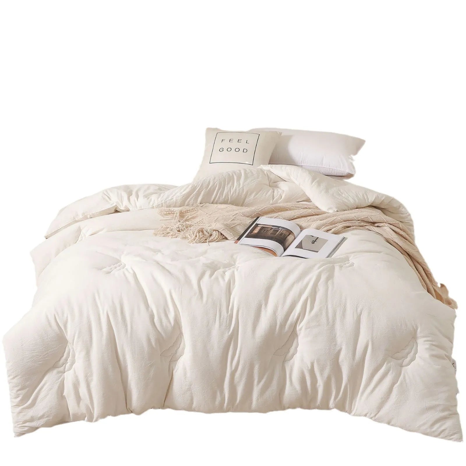 Soybean fibre quilt with pure cotton cover in white, grey, or pink jade, shown in various sizes on a bed.