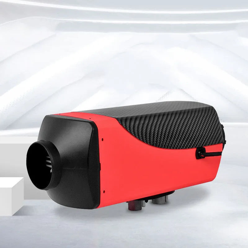 Red and black diesel air heater unit with fuel tank, pipes, wiring, and mounting kit for vehicle installation.