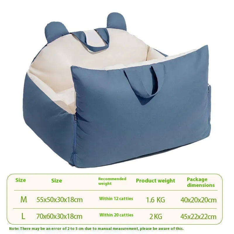 Removable washable dog car kennel in beige, shown in Medium and Large sizes for vehicle travel safety.