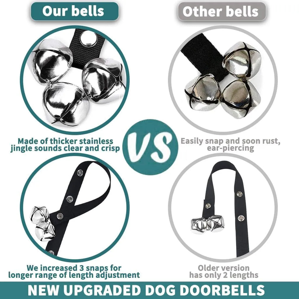Silver metal dog training bells on an adjustable black nylon strap hanging from a door