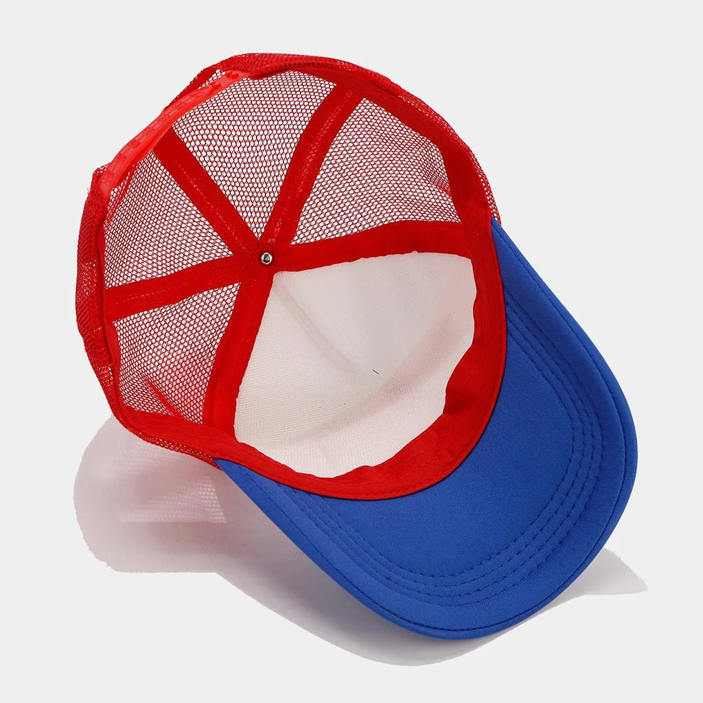 Red and blue contrast mesh baseball cap with adjustable closure and dome crown