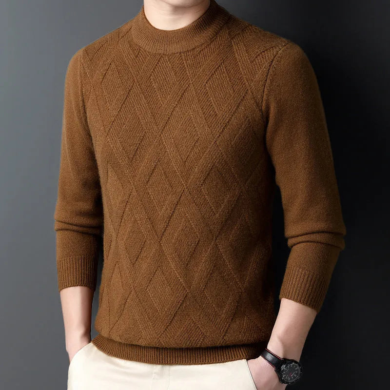 Men's diamond jacquard winter sweater in a wool blend, shown in light camel colour.
