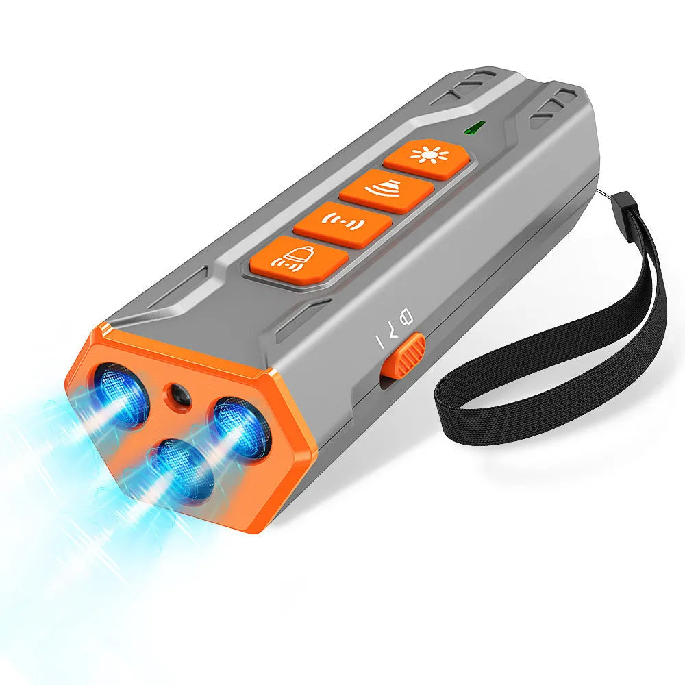 Ultrasonic dog trainer with three adjustable heads in grey and orange colour scheme.