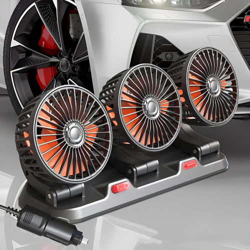 Three head automotive cooling fan with cigarette lighter and USB connections for vehicle use