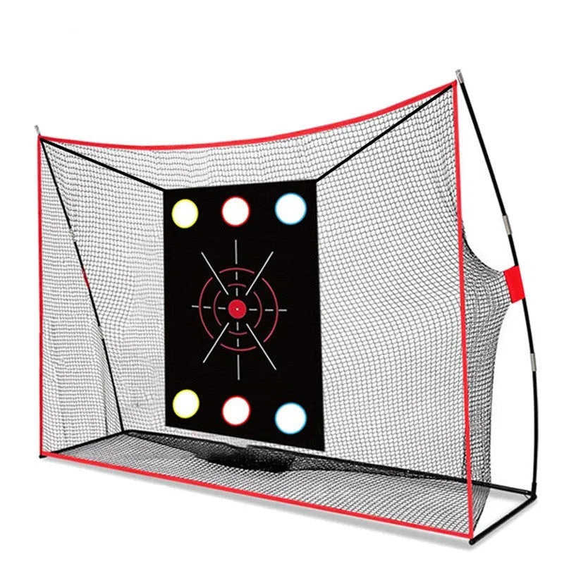 Golf wedge training net with straw mat and practice accessories including limit nails and balls