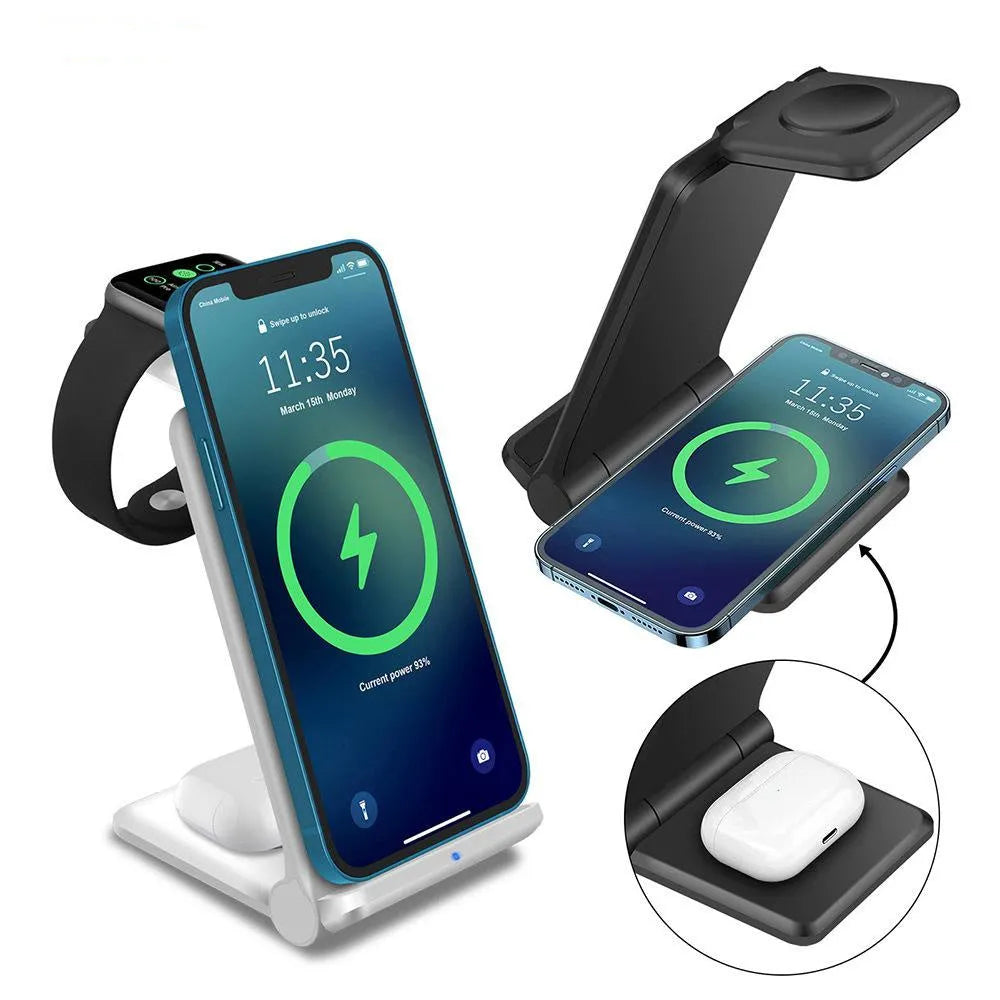 White 3-in-1 wireless charging station dock for iPhone, Apple Watch and AirPods, showing foldable design.