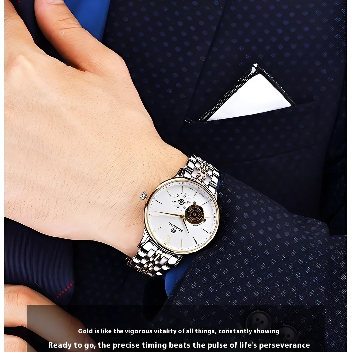 Automatic mechanical men's business watch with hollow three-hand design on brown leather strap