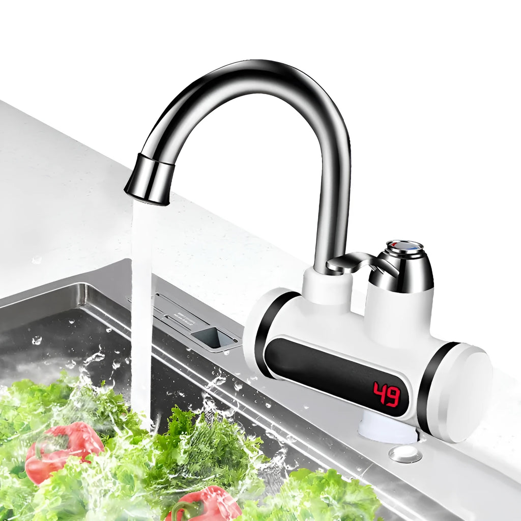 White electric water heater with digital temperature display for kitchen installation