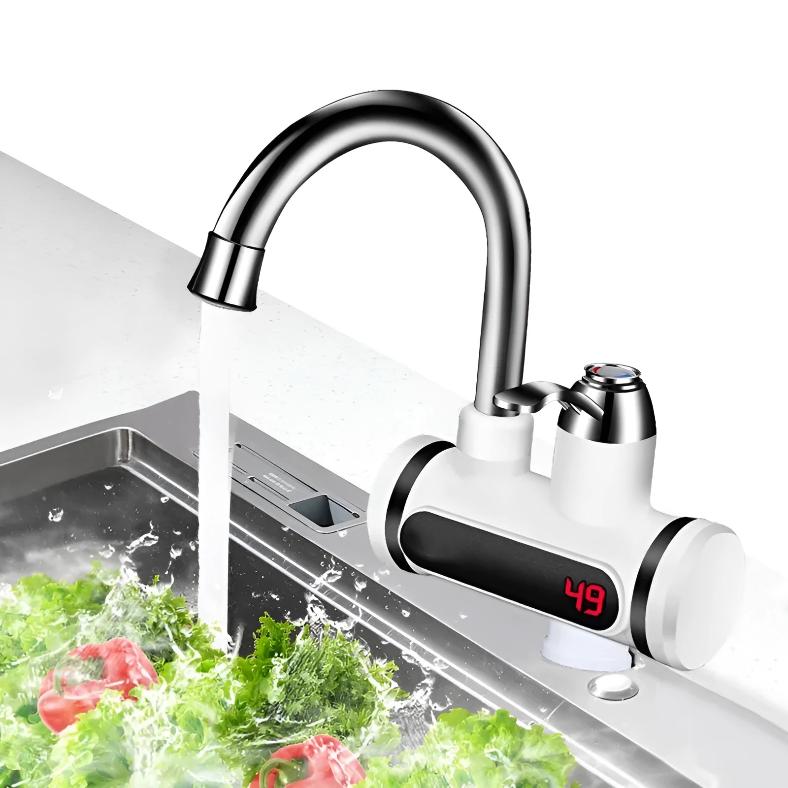 White electric water heater with digital temperature display for kitchen installation