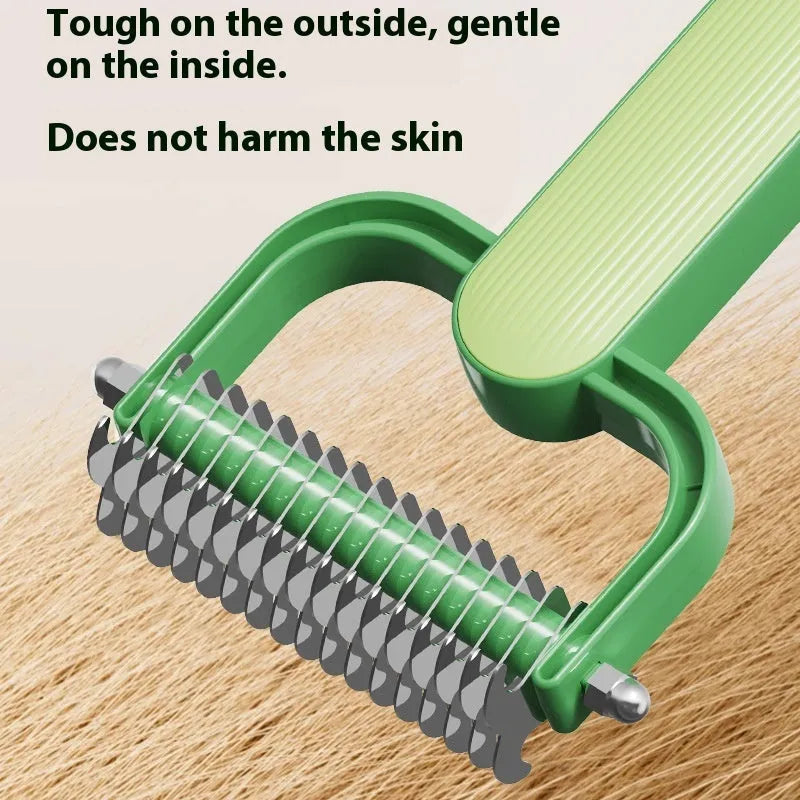 Green pet grooming comb with stainless steel teeth for dog detangling