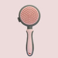 Green and pink two-sided silicone pet brush with slicker bristles and massage teeth on a white background