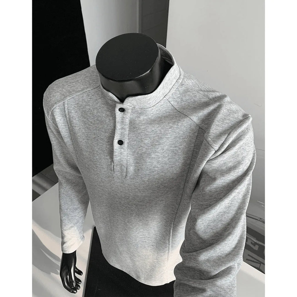Men's patchwork stand-up collar cotton sweater shirt with asymmetric design in loose fit