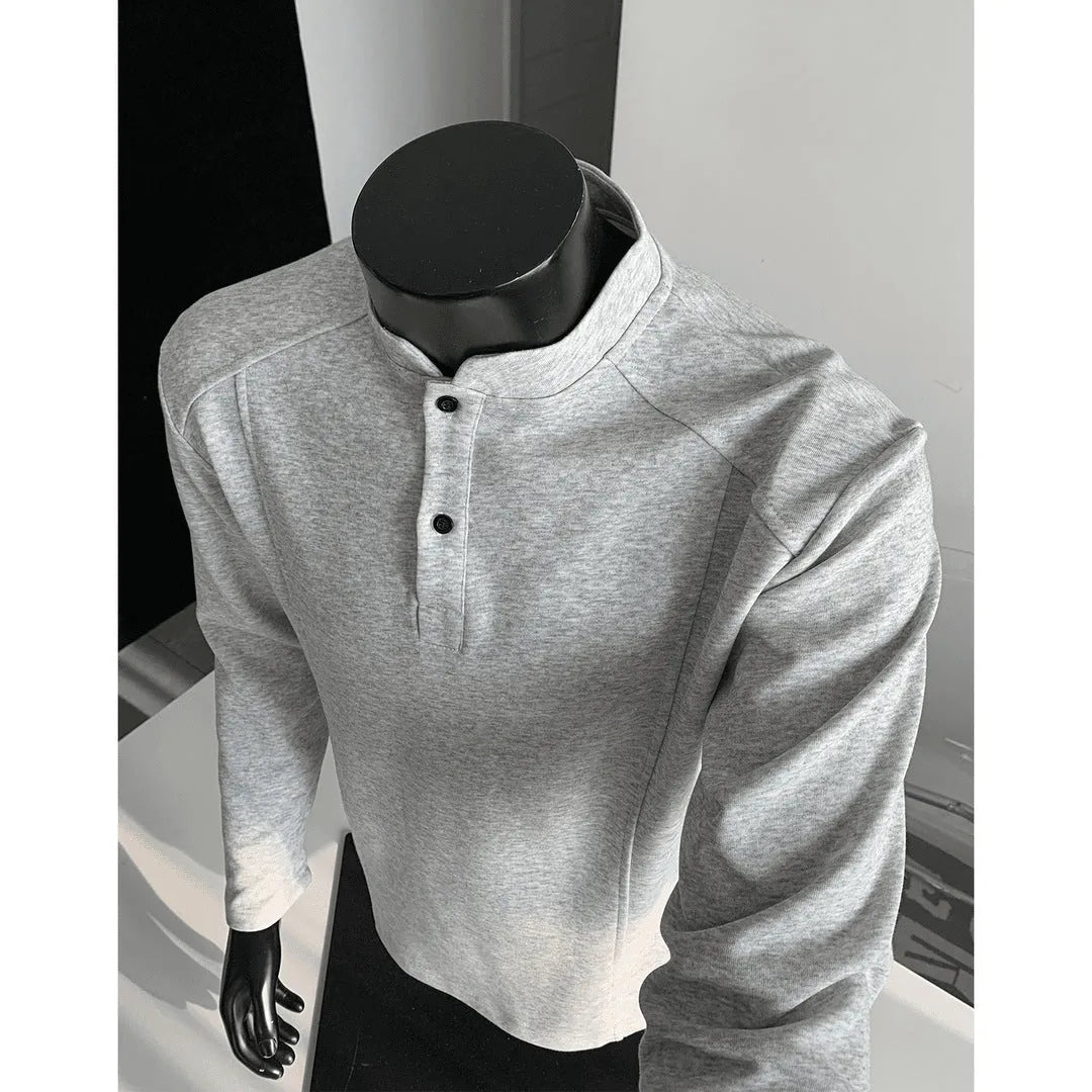 Men's patchwork stand-up collar cotton sweater shirt with asymmetric design in loose fit
