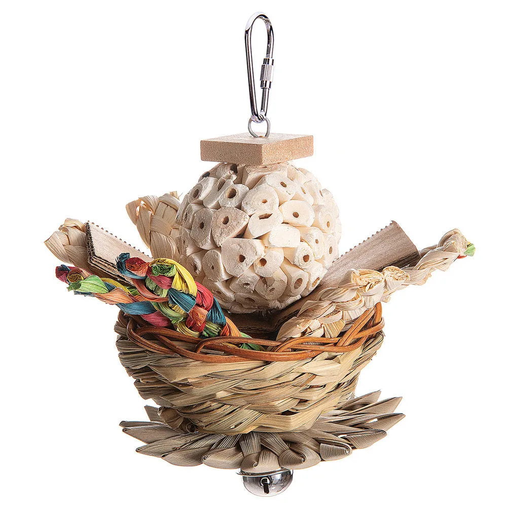 Parrot gnawing toy with wooden blocks in three different configurations for bird chewing enrichment