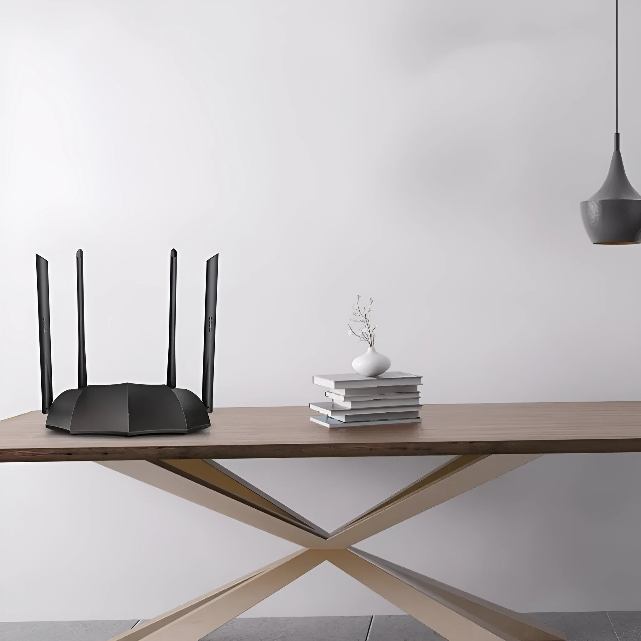 AC8 dual-band wireless gigabit router with compact black design on a desk.