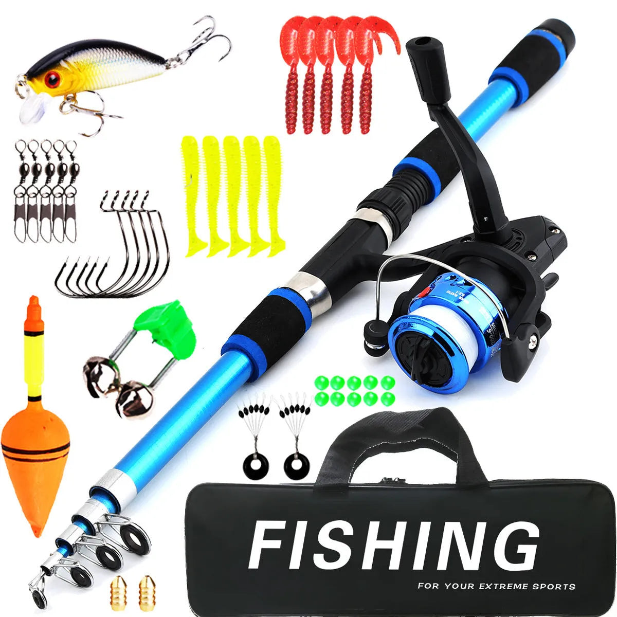 Children's fishing rod set with pole and wheel in blue, green, red or yellow colours with accessory box