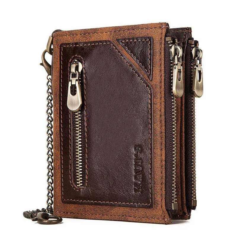 Brown genuine leather men's wallet with RFID anti-theft protection and metal chain detail