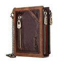 Brown genuine leather men's wallet with RFID anti-theft protection and metal chain detail