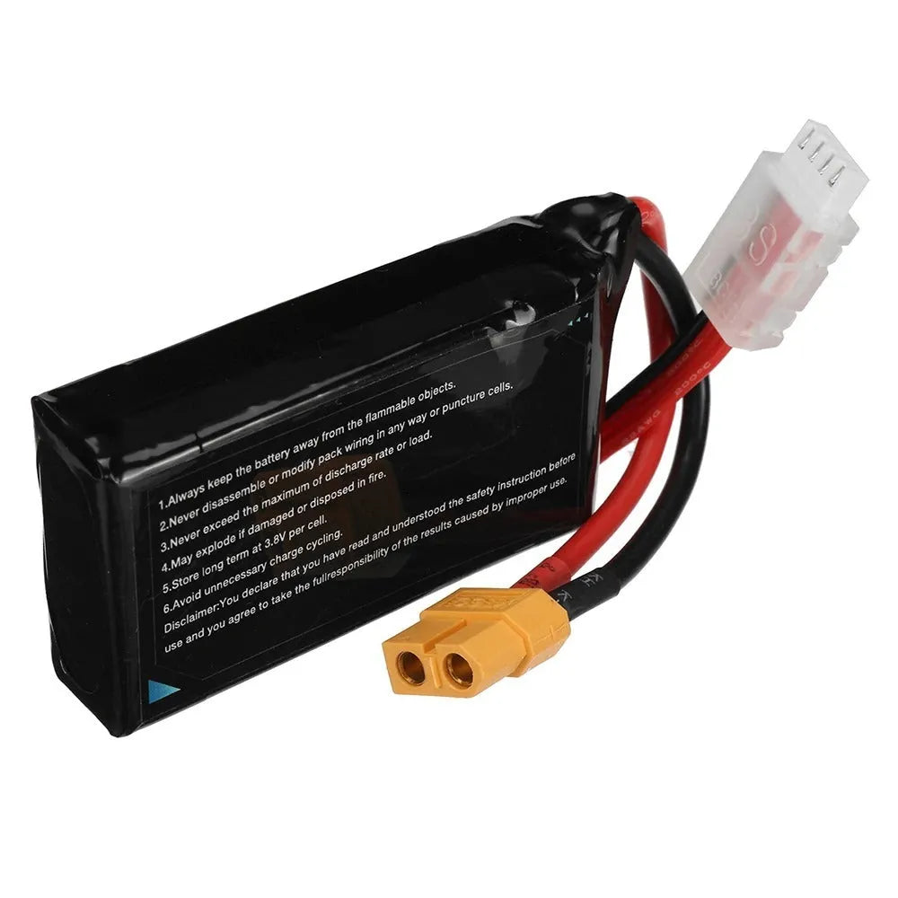 7.4V 1200mAh lithium battery for RC model cars and boats measuring 15x36x70mm