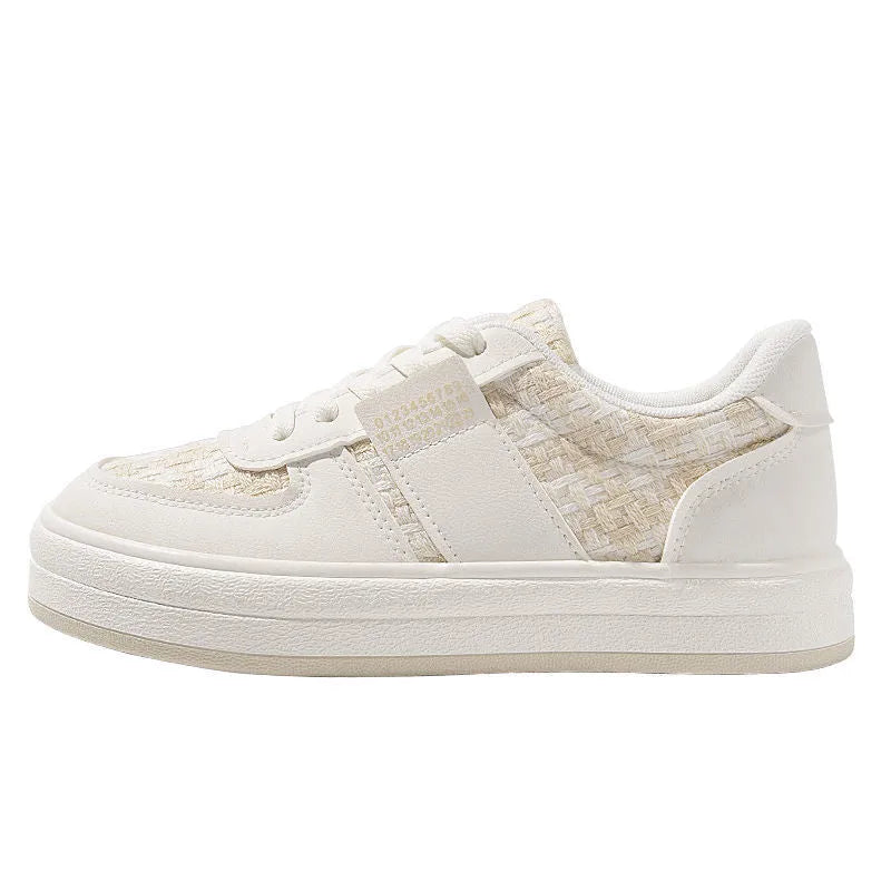 Beige platform sports board shoes with plaid pattern, rubber soles and lace-up front closure