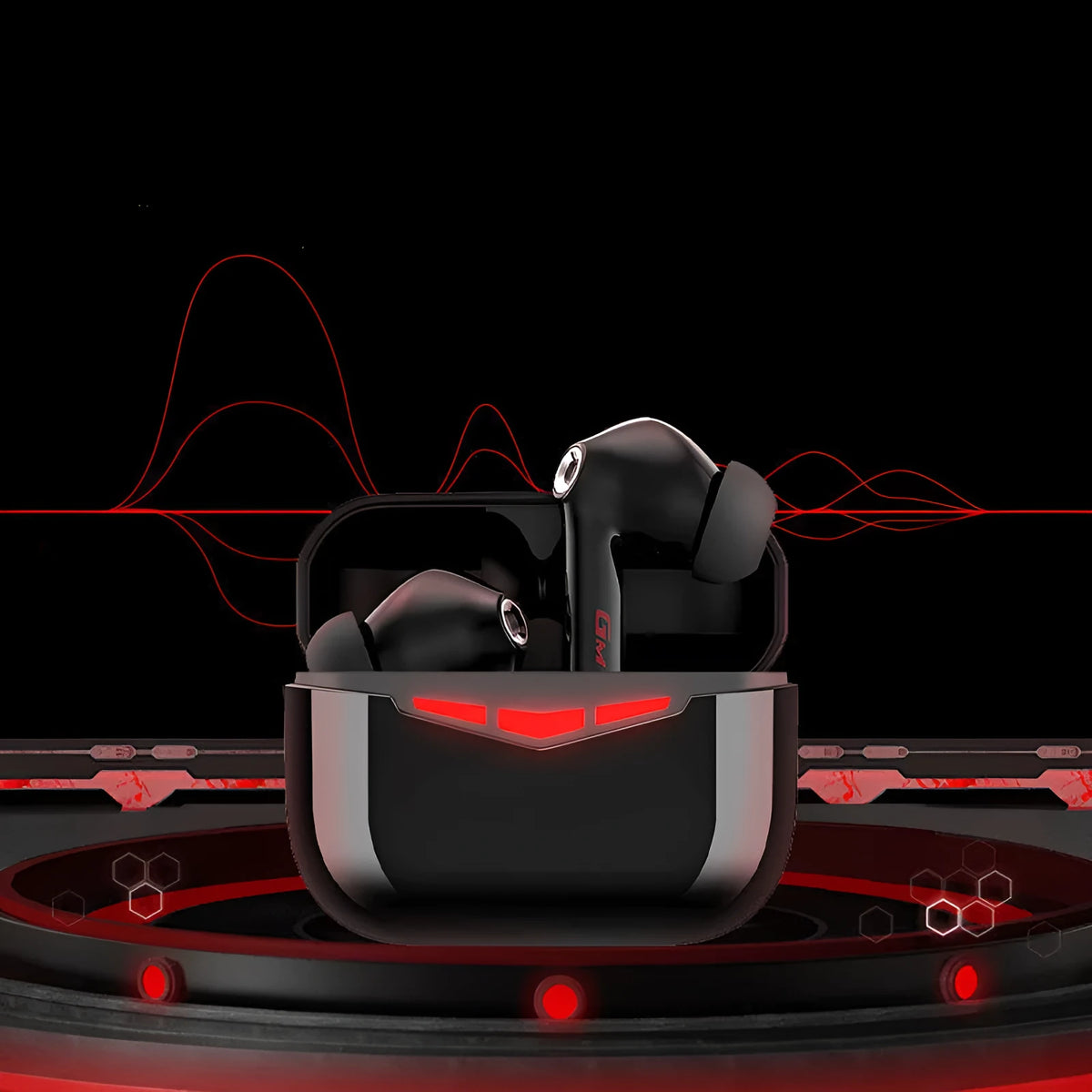 True wireless gaming Bluetooth headphones in black, pink, white, or grey with charging case and silicone eartips.