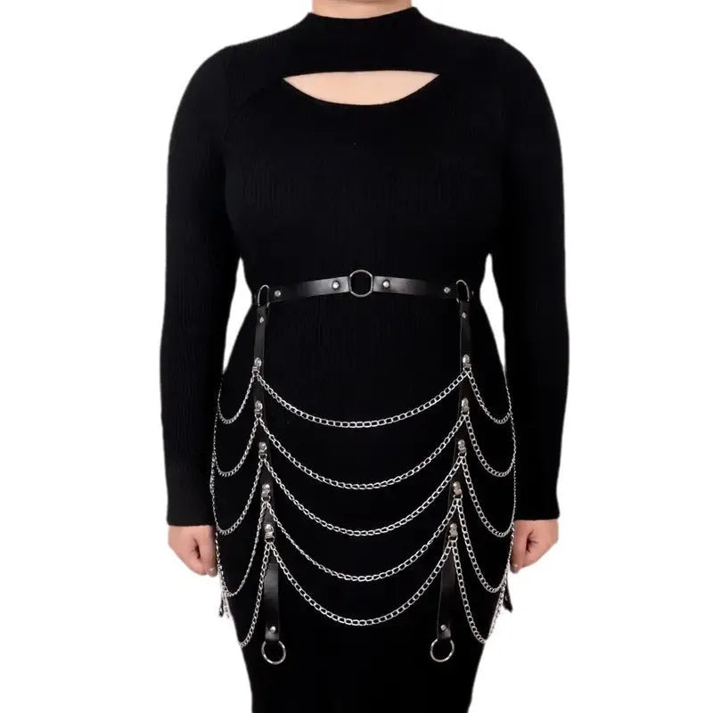 Black PU leather bandage binding waist chain accessory for women