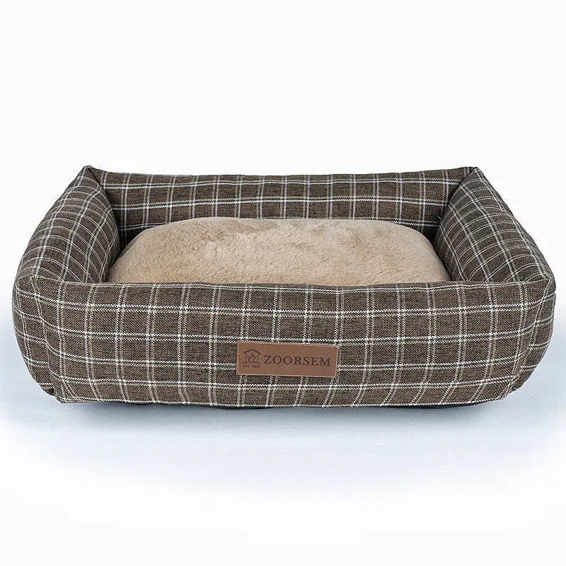 Grey linen-style square cloth dog bed for medium-sized dogs