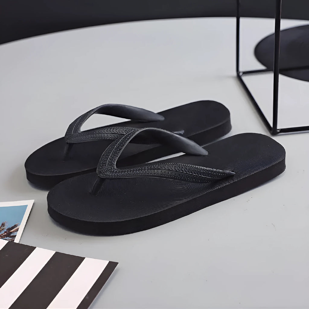 Rubber flip-flops with fish label branding in green, red, blue, and black colours showing non-slip sole