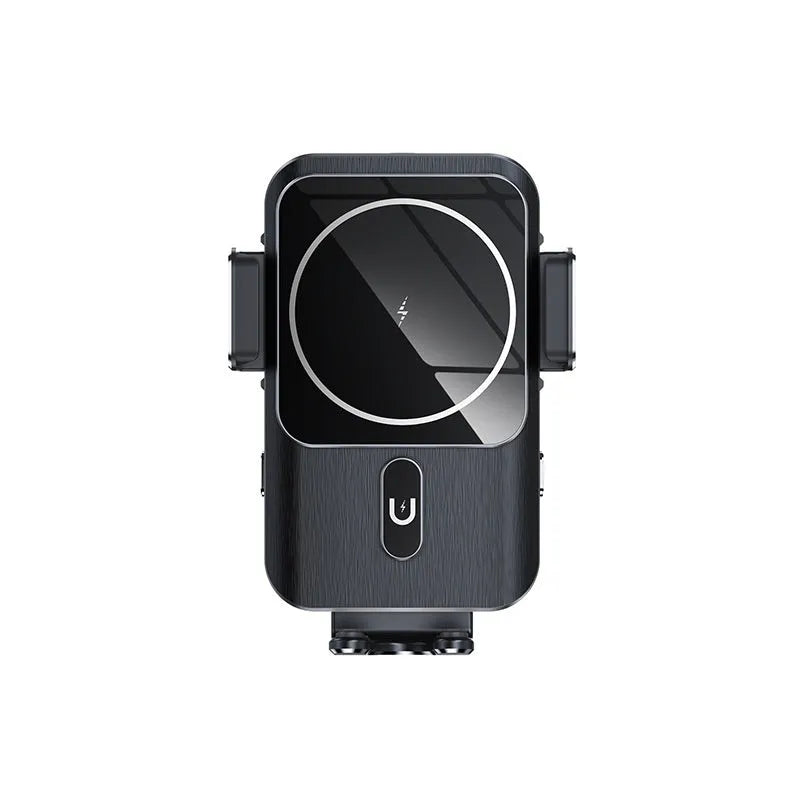 Black car wireless phone charger holder showing 15W charging and clip/suction cup mounting options