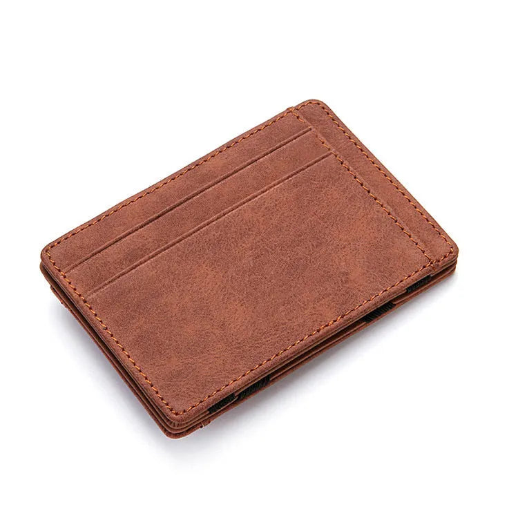 PU leather magic wallet in solid colour showing flip card holder and zipper coin purse.