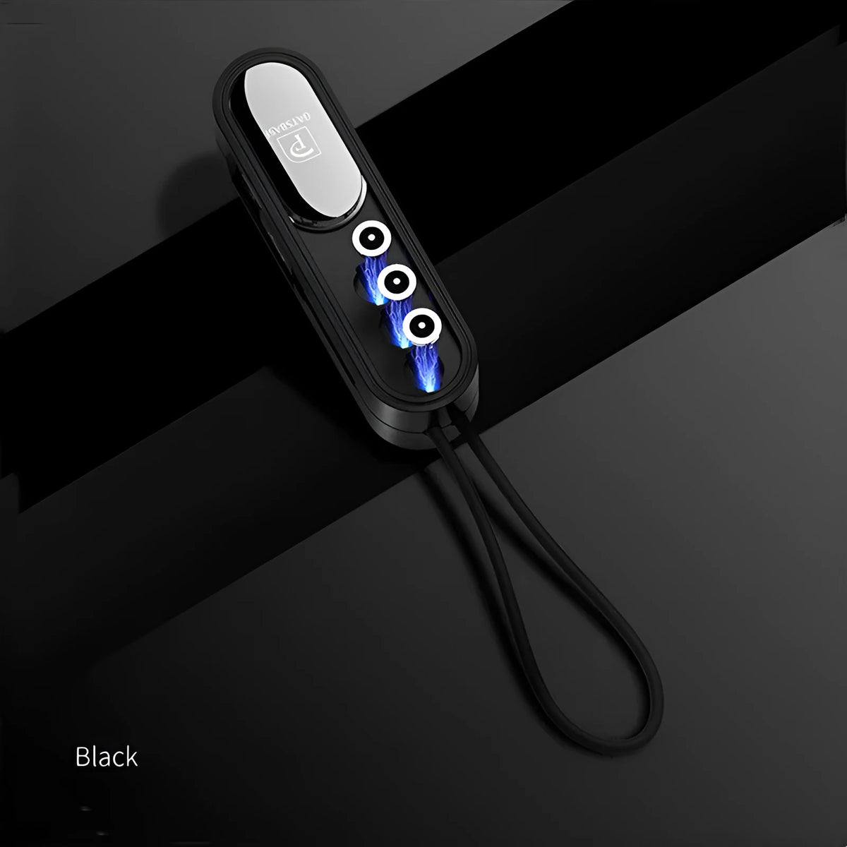 Black magnetic three-in-one charging cable showing three connectors branching from 0.4 metre USB cable