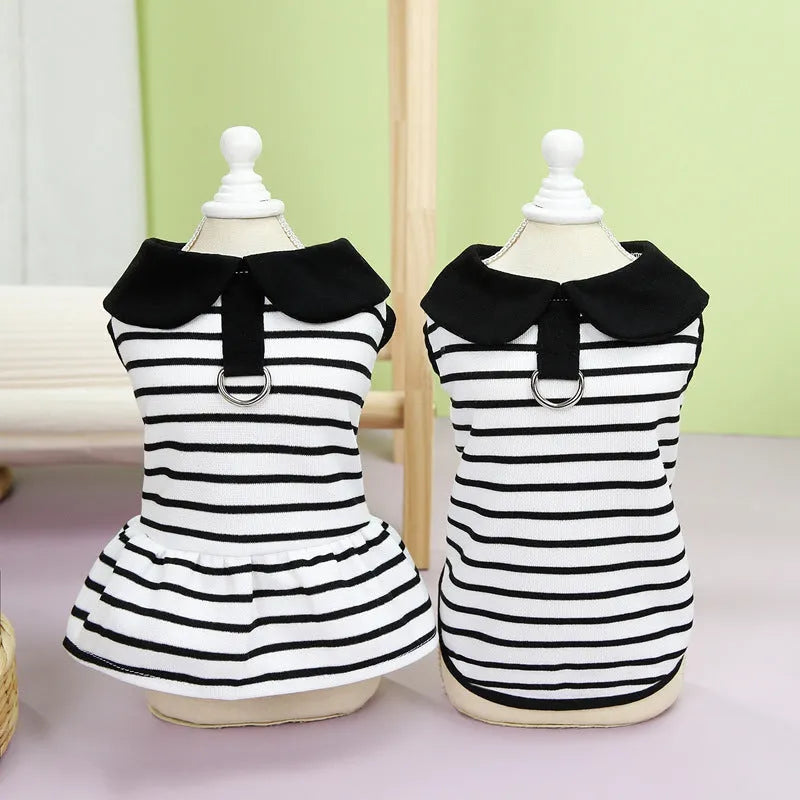 Cotton pet T-shirt and matching skirt set in summer stripes pattern for dogs or cats