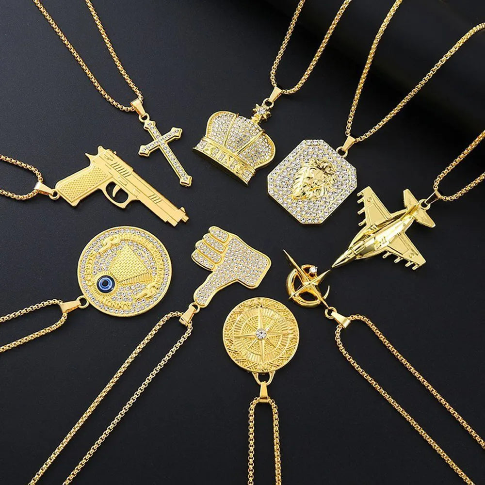 Gold geometric pendant necklace with zircon stones for women