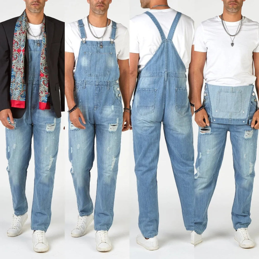 Light blue men's jeans with ripped detailing, suspender straps, and high-waist retro styling