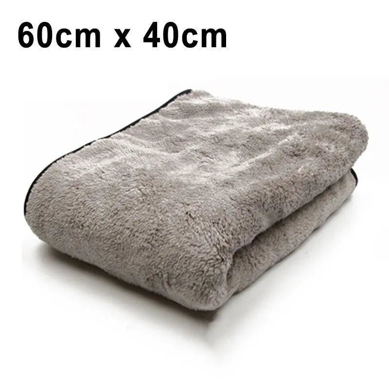 Microfiber car wash drying towel shown in three size options: 75x35cm, 60x40cm, and 100x40cm