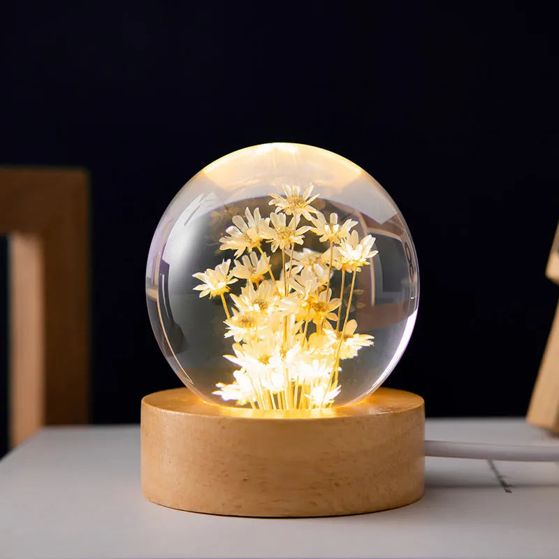 3D dandelion inside crystal ball night light on beech wood stand, USB cable attached