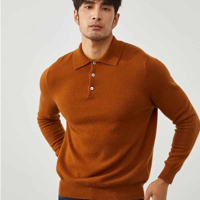 Men's cashmere polo collar pullover sweater in loose fit available in four colours