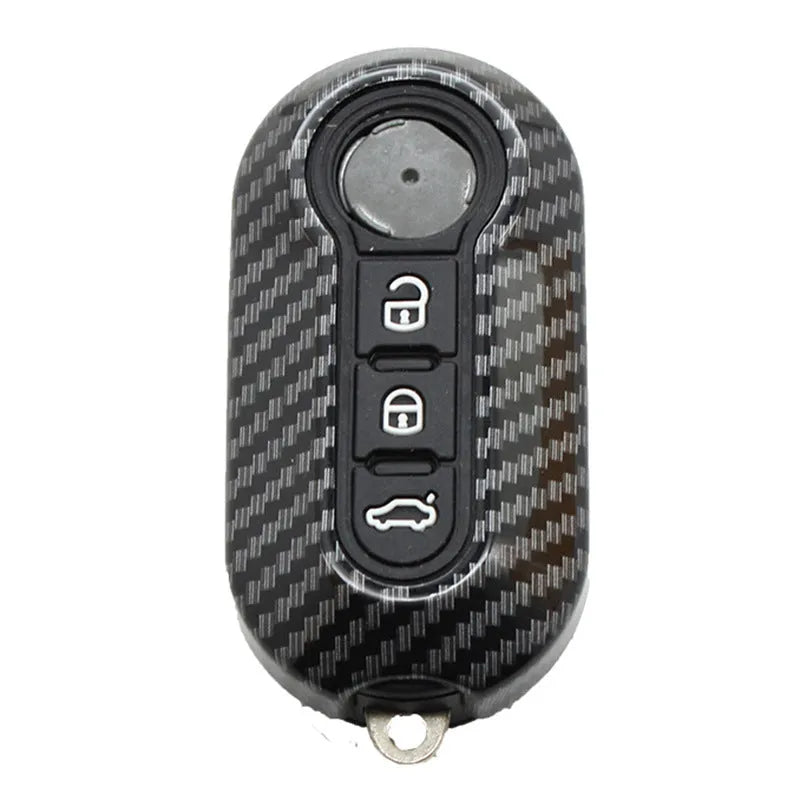 Fiat 500 Boyue ABS plastic remote key shell in black, red, and dark blue with carbon fibre style pattern.