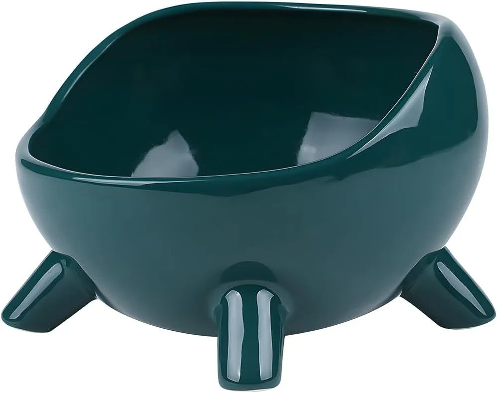 Green ceramic pet bowl with four legs and wide opening for cat or small dog feeding