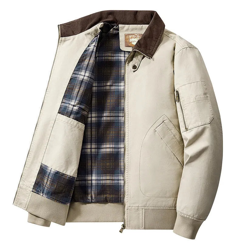 Plus size men's beige washed cotton baseball flight jacket on a hanger