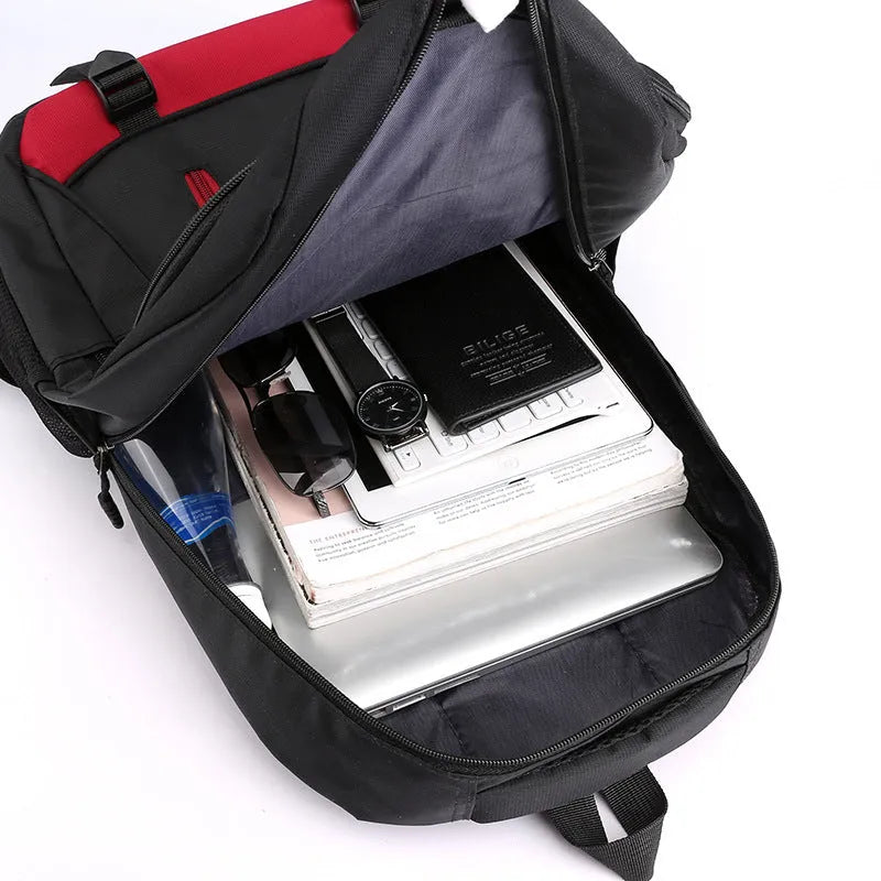 Waterproof nylon high school backpack with airpillow straps in black, blue, gray, and red colour options
