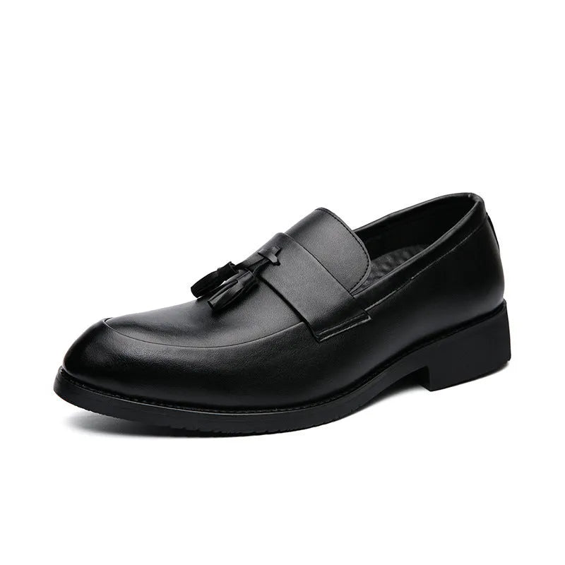 Men's black slip-on business casual shoes with tassel detail and rubber soles
