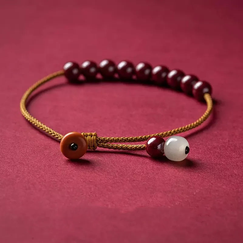 Hand-woven cinnabar and Hetian jade geometric bracelet with adjustable one-piece design