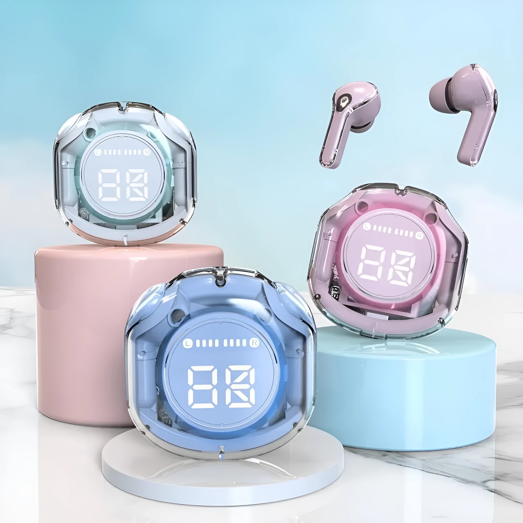 Transparent wireless Bluetooth in-ear headset shown in white, black, pink, sky blue, or violet colours