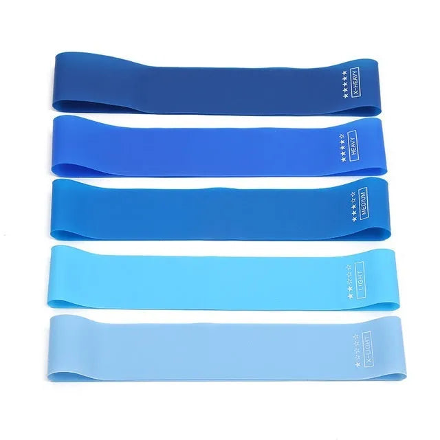 Set of five colour-coded yoga resistance straps with force marks and five plain TPE straps.