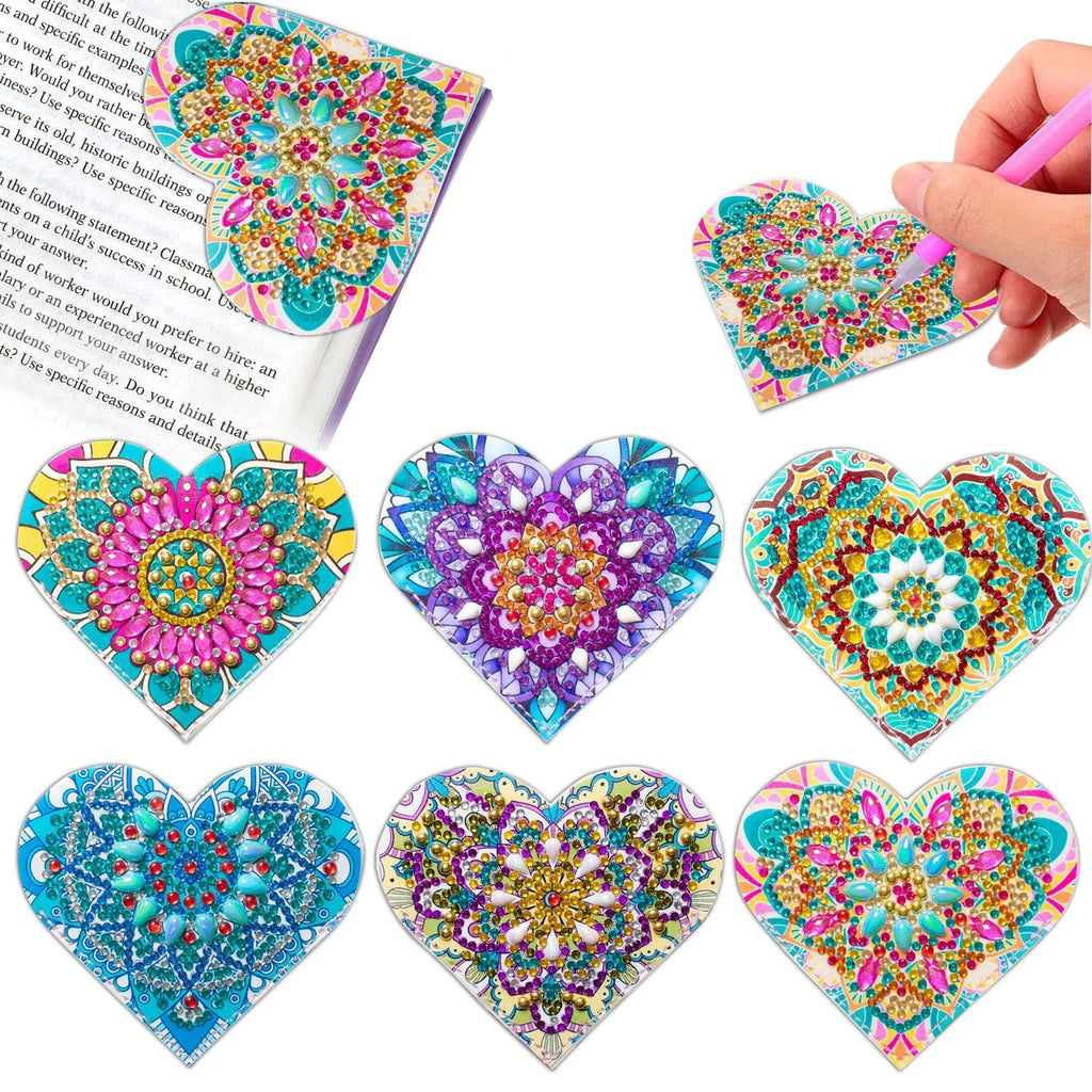 Six PU leather handmade bookmarks with crystal flower decorations arranged in modern simplicity style