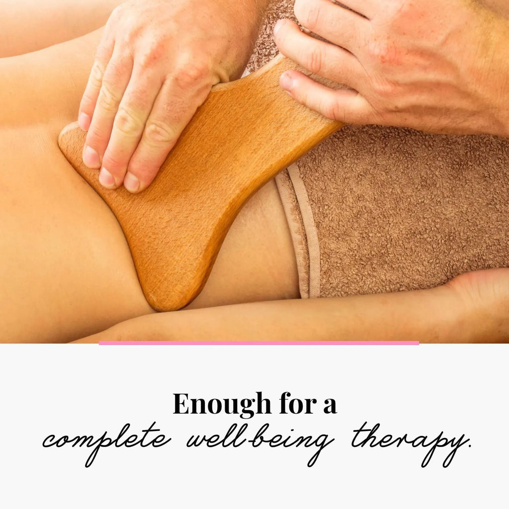 Beech wood massage roller set with T-shaped roller and multiple wheel sets on a neutral background.